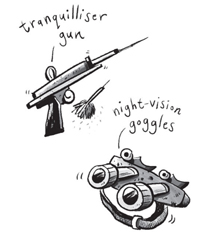 Night vision goggles and tranquilliser gun